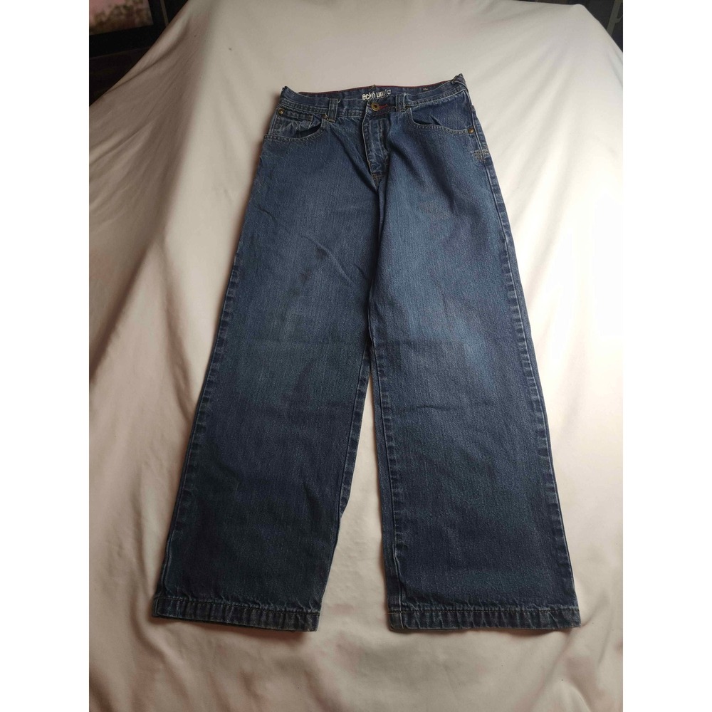Y2K Ecko Unltd Denim Co Wide Leg Baggy Jeans Red Rhino Logo Dark Wash Size 12